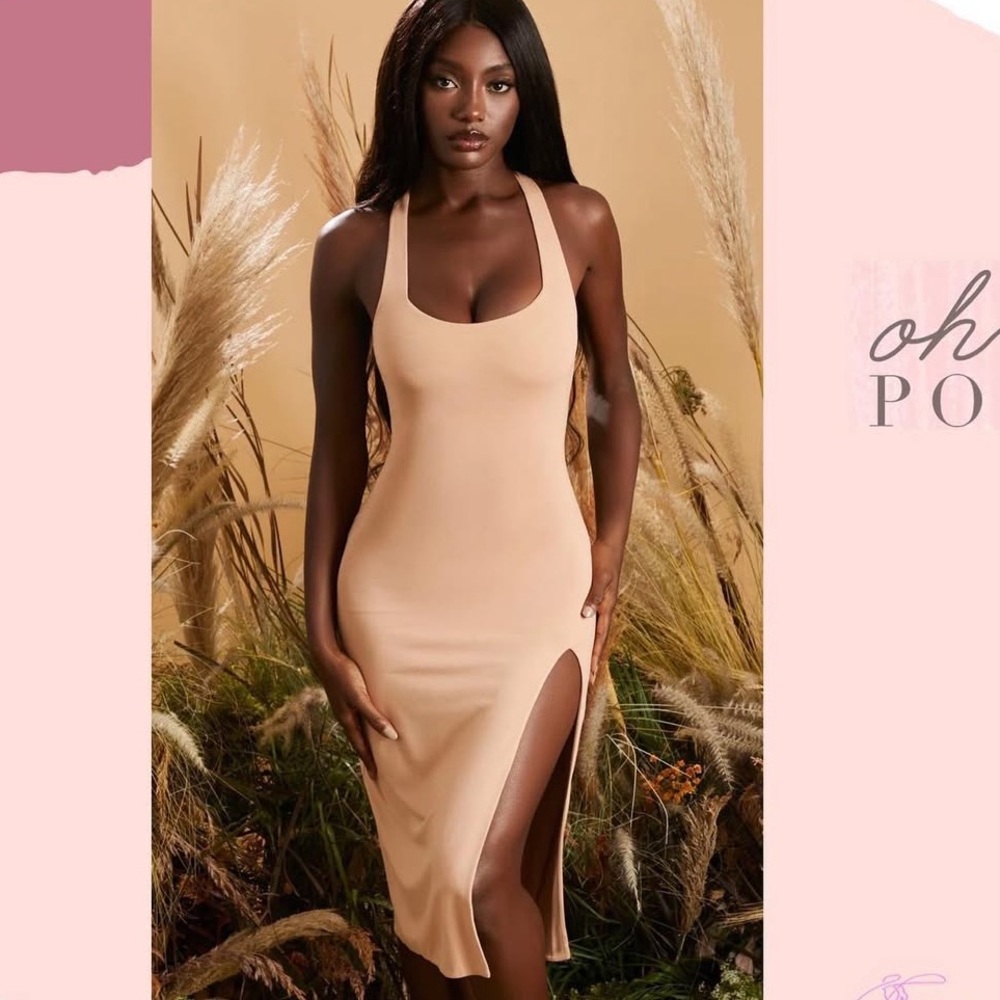 Oh Polly True to Form Midi Dress in Tan / Nude with Keyhole Back - Size 2